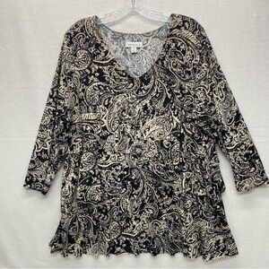 Susan Graver XL Black Beige Layered Liquid Knit Paisley Print Pullover Top